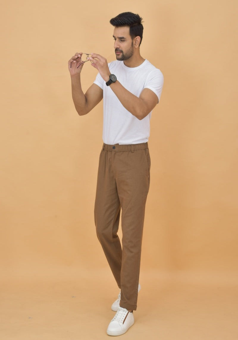 Brown Cotton Regular Trouser