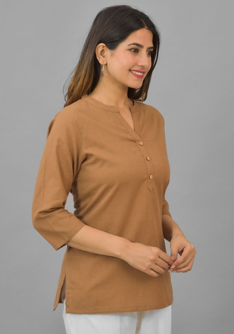 Brown Solid Cotton Flax Women Top-10389
