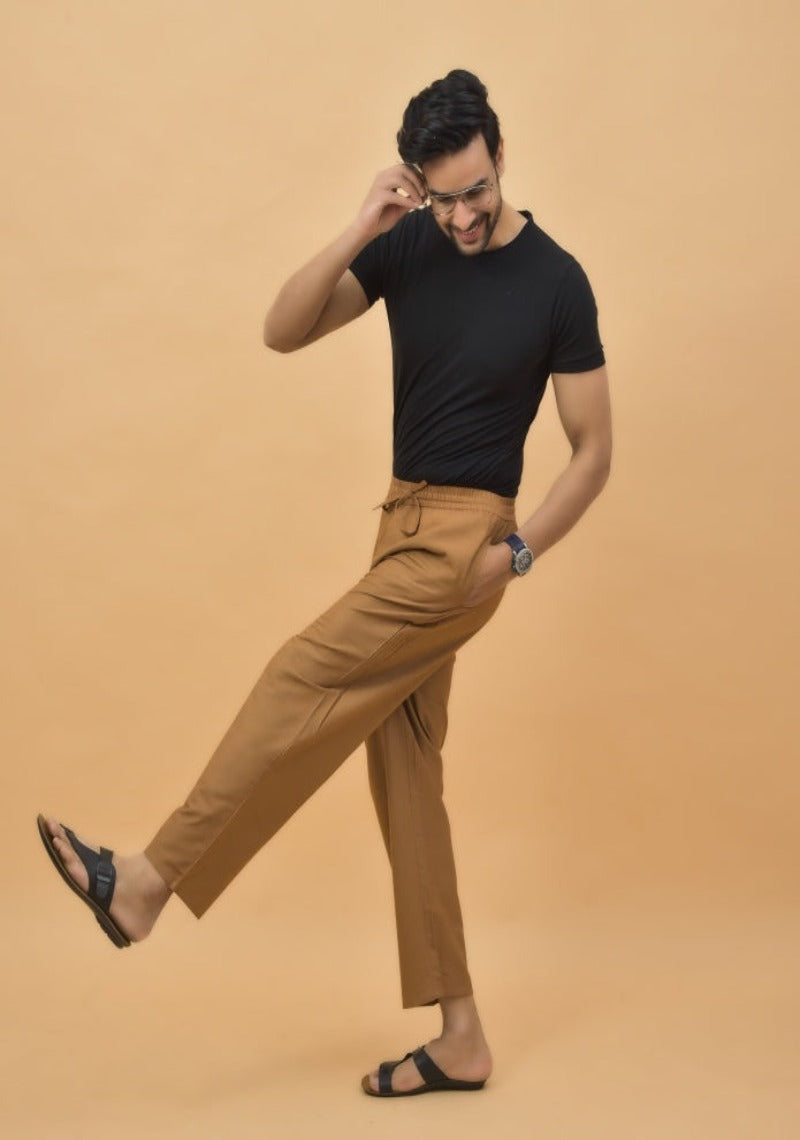 Brown Solid Cotton Handloom Men Pant