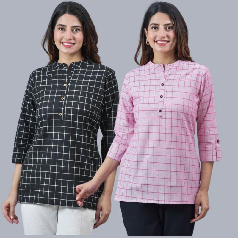 Combo of 2 Baby Pink and Black Cotton Checks Women Top-10447