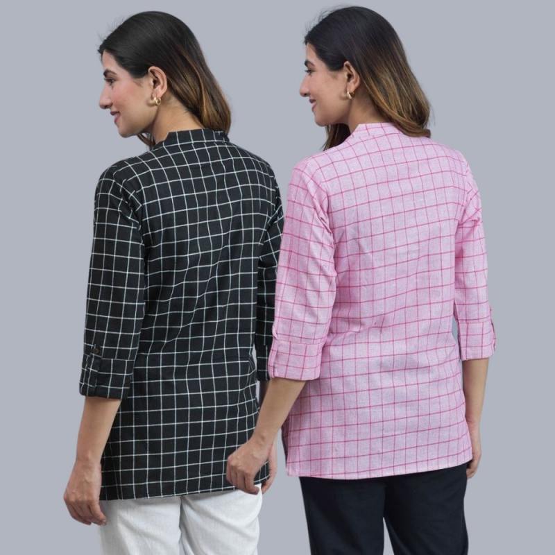 Combo of 2 Baby Pink and Black Cotton Checks Women Top-10447