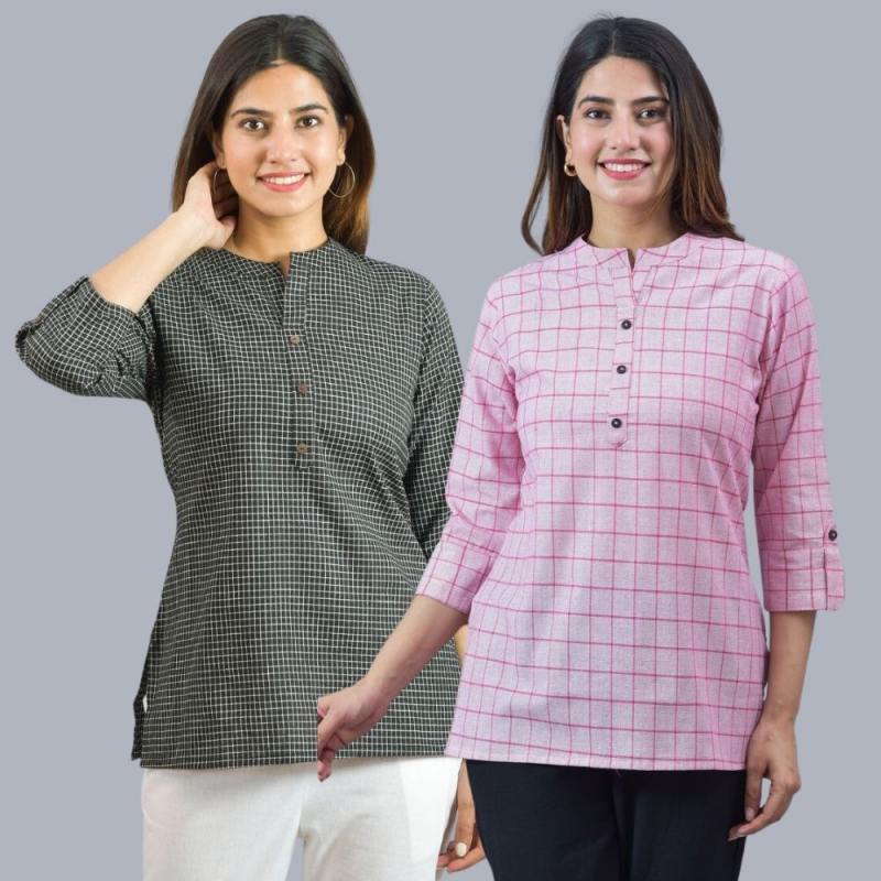 Combo of 2 Baby Pink and Black Cotton Checks Women Top-10458