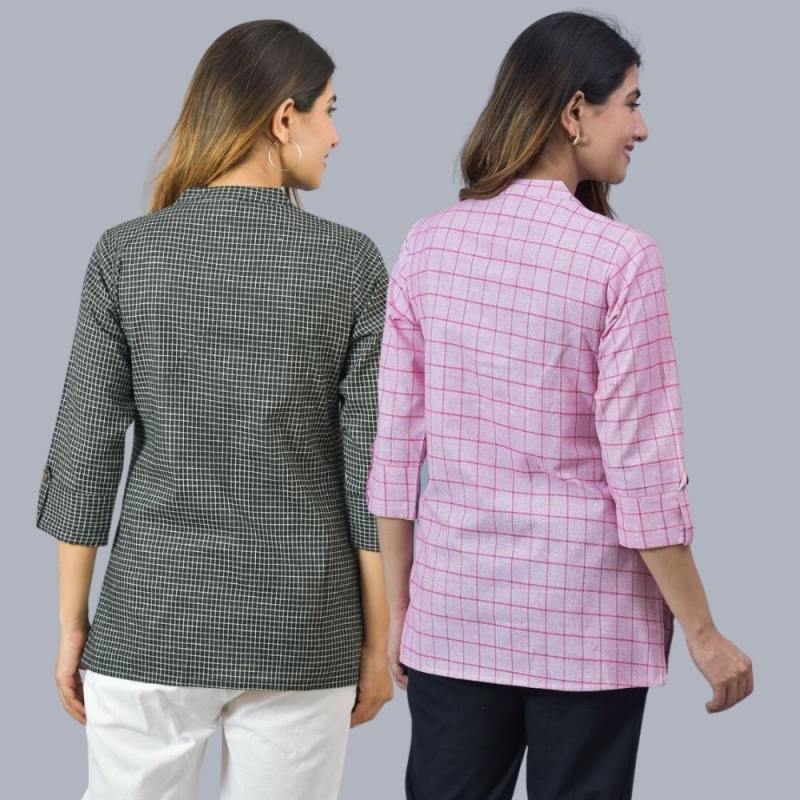 Combo of 2 Baby Pink and Black Cotton Checks Women Top-10458