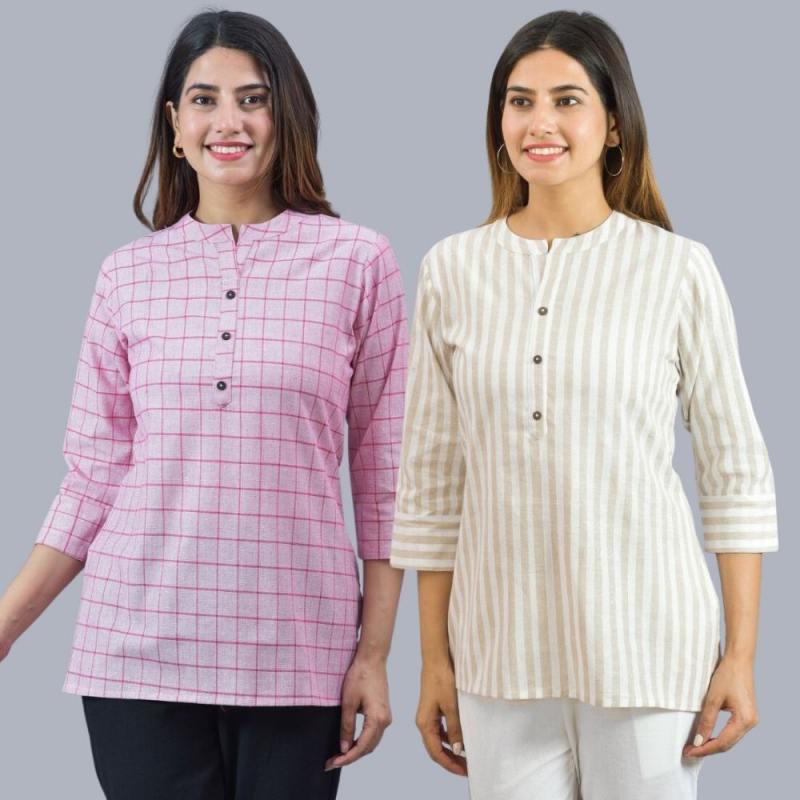 Combo of 2 Beige and Baby Pink Cotton Checks and Stripe Women Top-10475