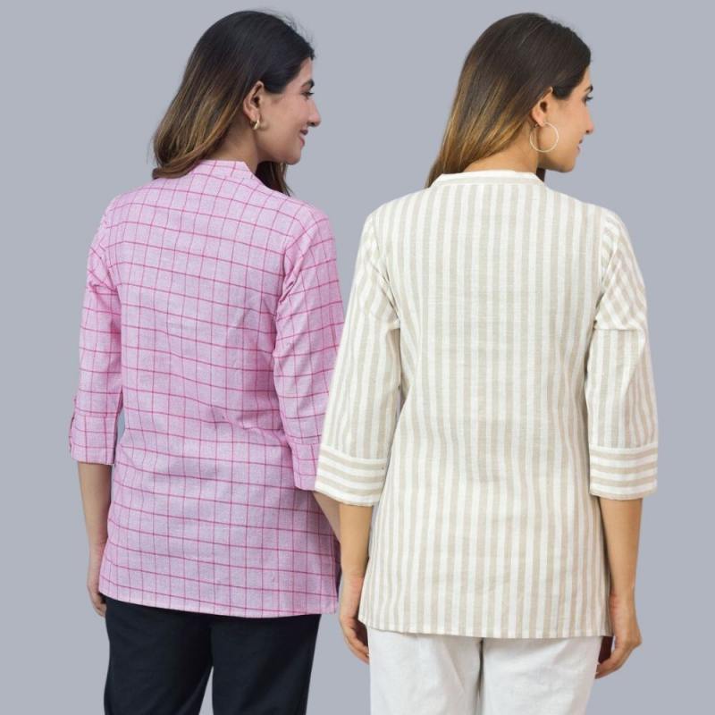 Combo of 2 Beige and Baby Pink Cotton Checks and Stripe Women Top-10475