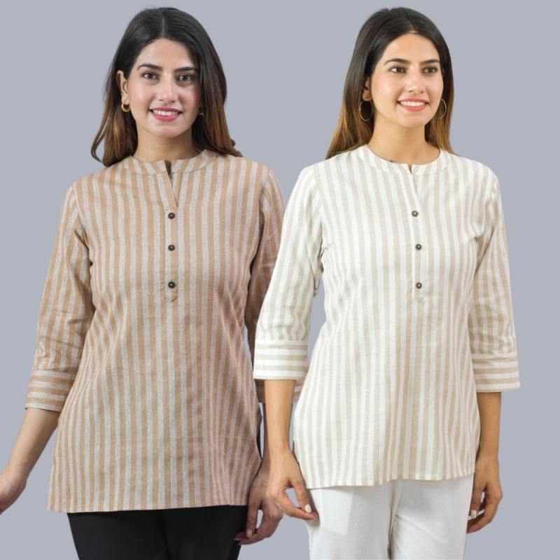 Combo of 2 Beige and Beige Cotton Stripe Women Top-10492