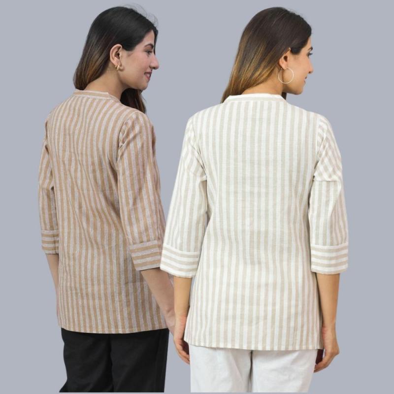 Combo of 2 Beige and Beige Cotton Stripe Women Top-10492
