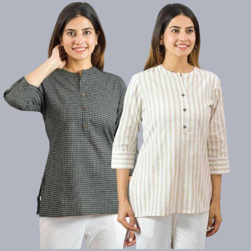 Combo of 2 Beige and Black Cotton Checks and Stripe Women Top-10465