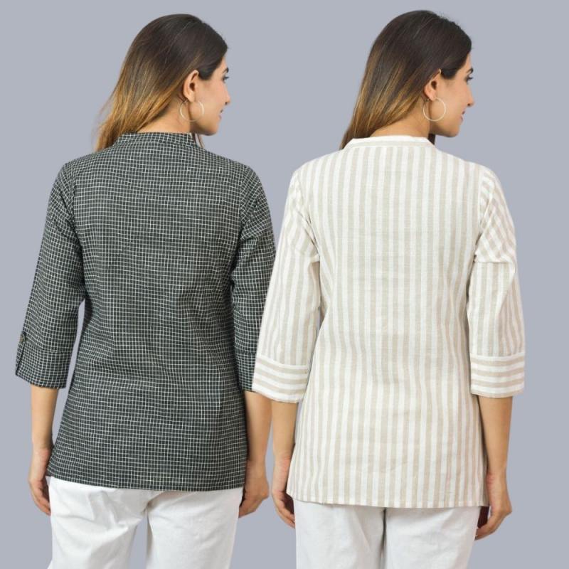 Combo of 2 Beige and Black Cotton Checks and Stripe Women Top-10465