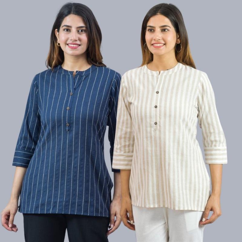 Combo of 2 Beige and Navy Blue Cotton Stripe Women Top-10499
