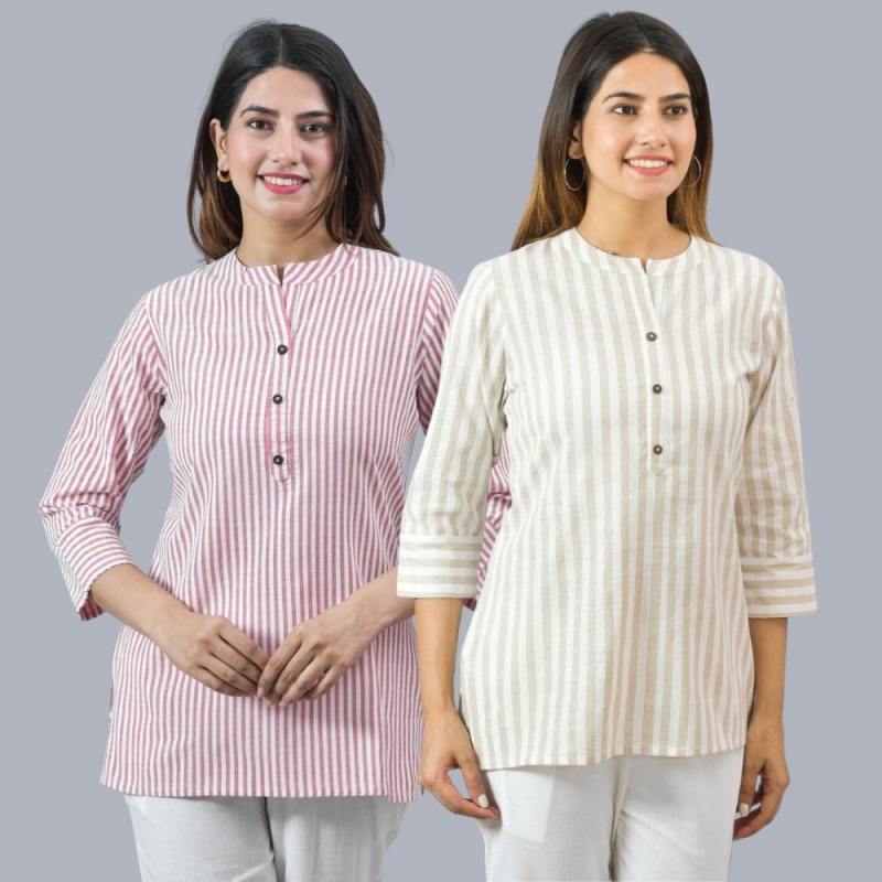 Combo of 2 Beige and Pink Cotton Stripe Women Top-10510