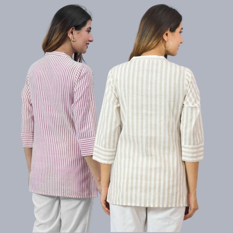 Combo of 2 Beige and Pink Cotton Stripe Women Top-10510