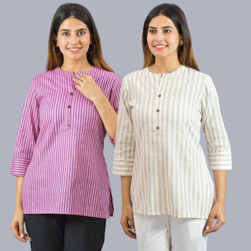 Combo of 2 Beige and Purple Cotton Stripe Women Top-10505