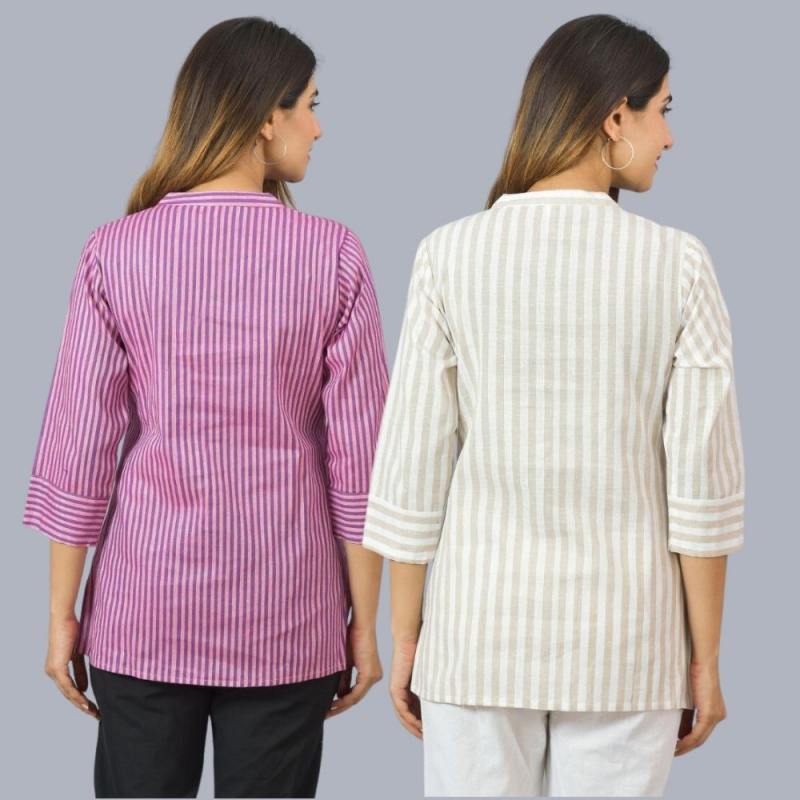 Combo of 2 Beige and Purple Cotton Stripe Women Top-10505
