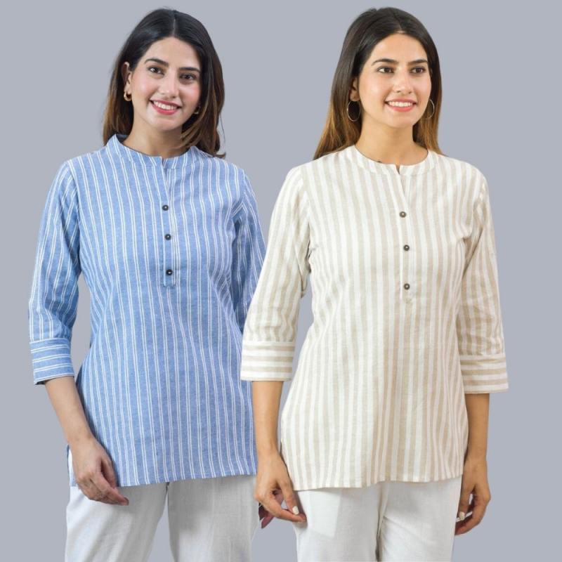 Combo of 2 Beige and Sky Blue Cotton Stripe Women Top-10514
