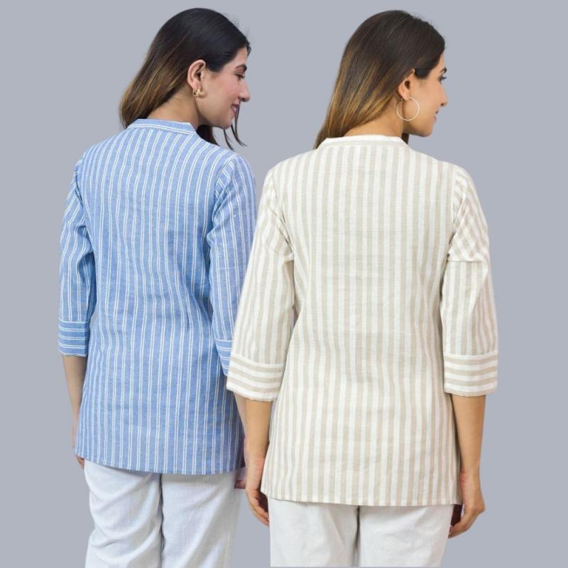 Combo of 2 Beige and Sky Blue Cotton Stripe Women Top-10514