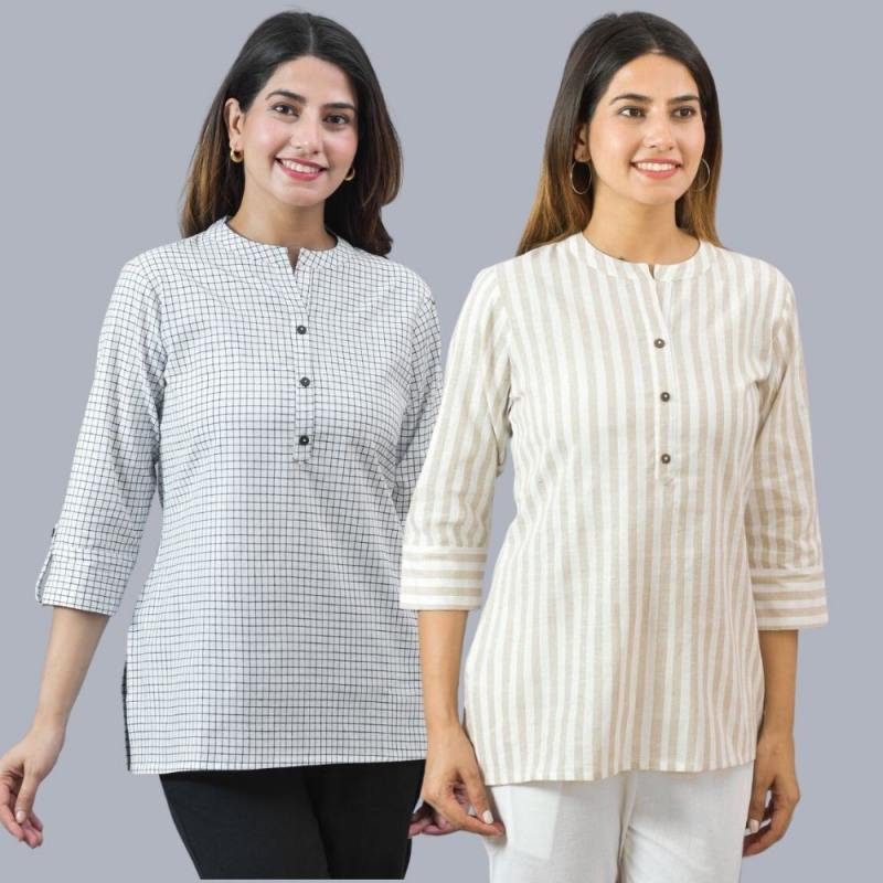 Combo of 2 Beige and White Cotton Stripe Women Top-10484