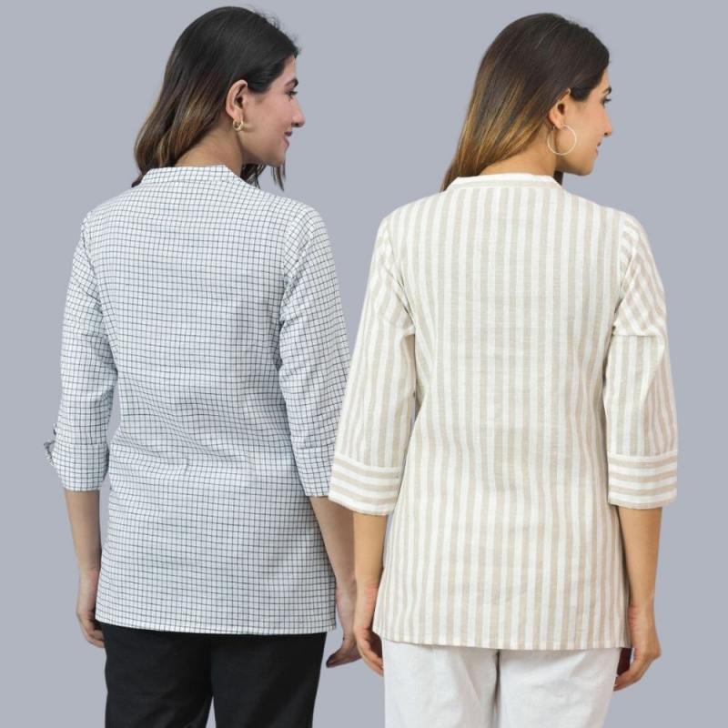 Combo of 2 Beige and White Cotton Stripe Women Top-10484