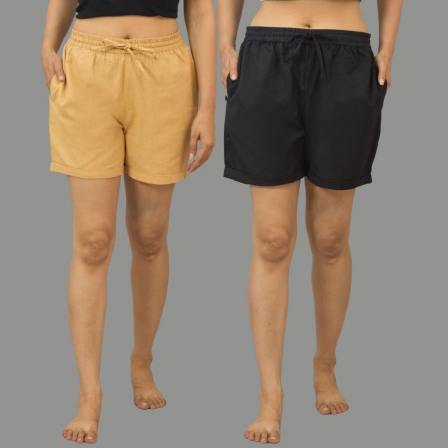 Combo of 2 Black and Beige Cotton Women Shorts-10534