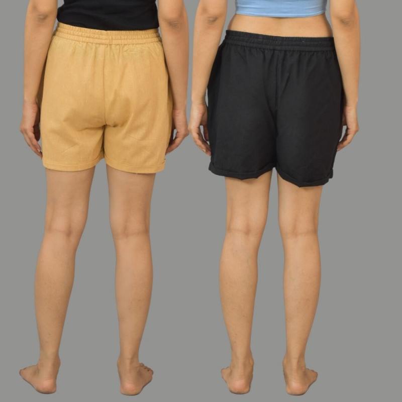 Combo of 2 Black and Beige Cotton Women Shorts-10534