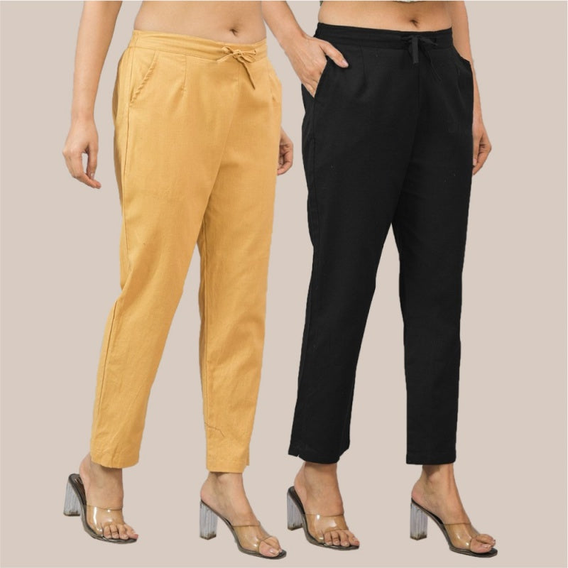 Combo of 2 Black and Beige Cotton Flax Women Trouser Pant-10313