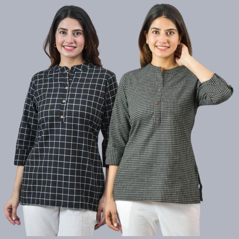 Combo of 2 Black and Black Cotton Checks Women Top-10466