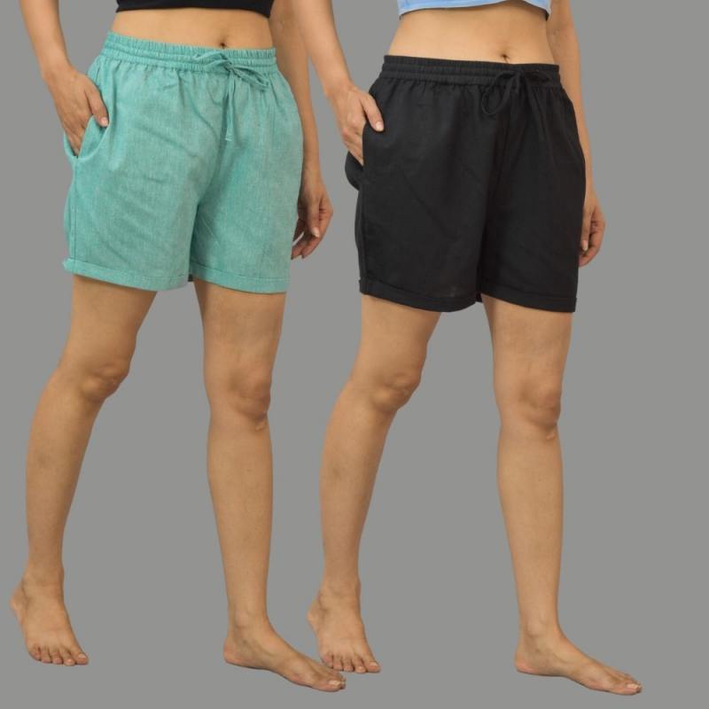 Combo of 2 Black and Cyan Cotton Women Shorts-10555