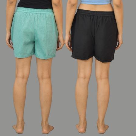 Combo of 2 Black and Cyan Cotton Women Shorts-10555