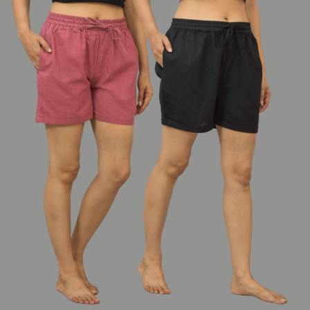 Combo of 2 Black and Dark Pink Cotton Women Shorts-10545