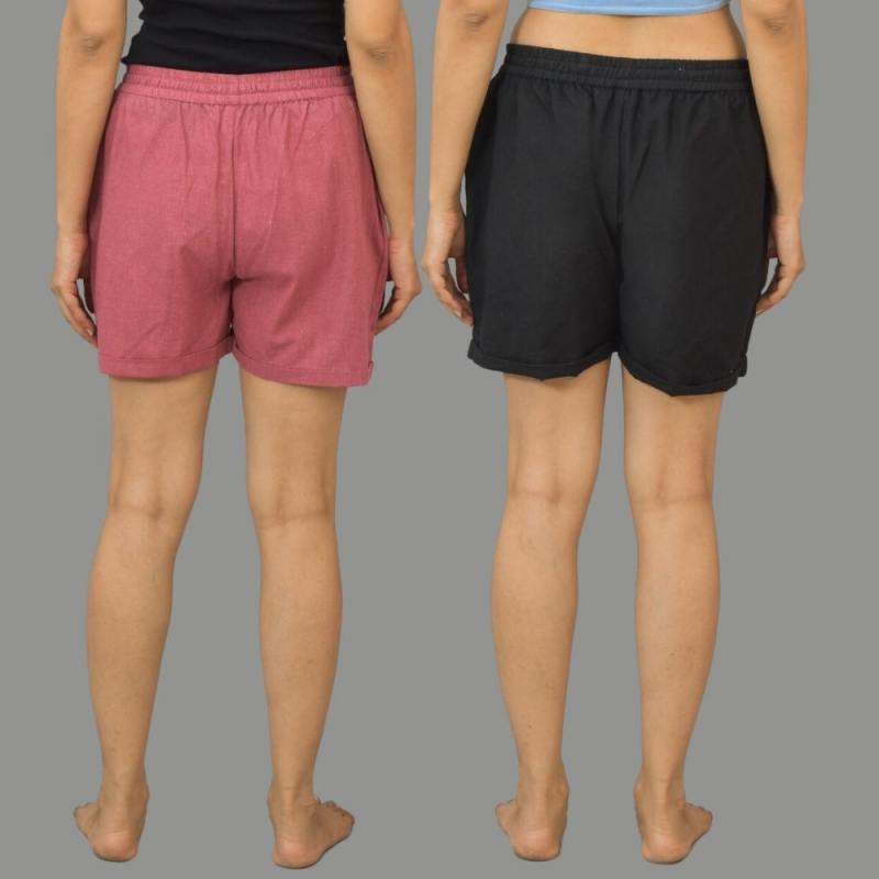 Combo of 2 Black and Dark Pink Cotton Women Shorts-10545