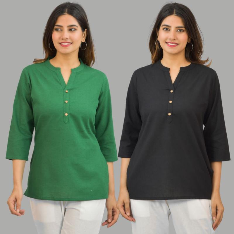 Combo of 2 Black and Green Cotton Flax Women Top-10411