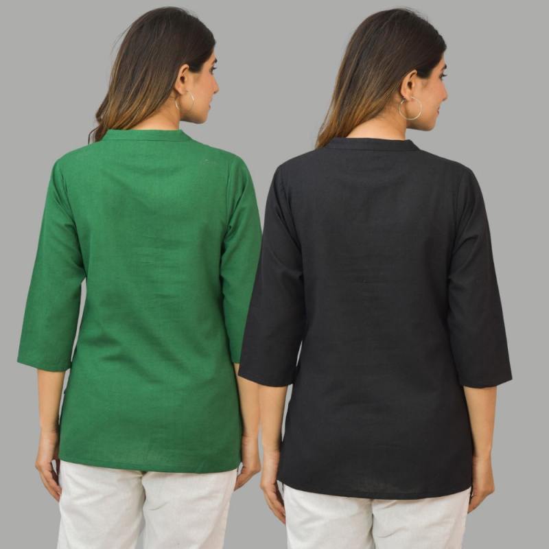 Combo of 2 Black and Green Cotton Flax Women Top-10411