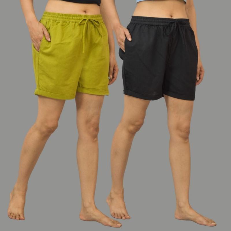 Combo of 2 Black and Green Cotton Women Shorts-10590