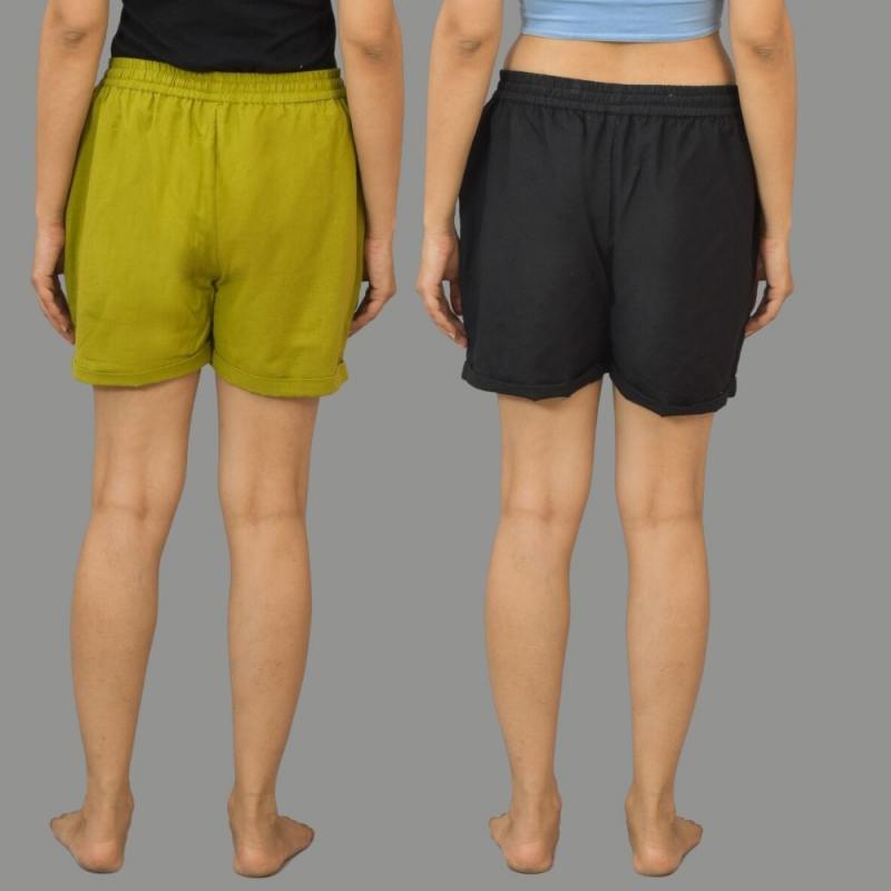 Combo of 2 Black and Green Cotton Women Shorts-10590