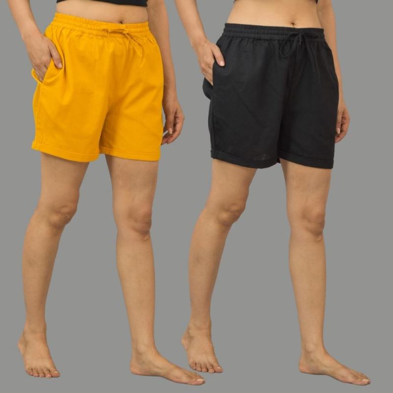 Combo of 2 Black and Mustard Yellow Cotton Women Shorts-10594
