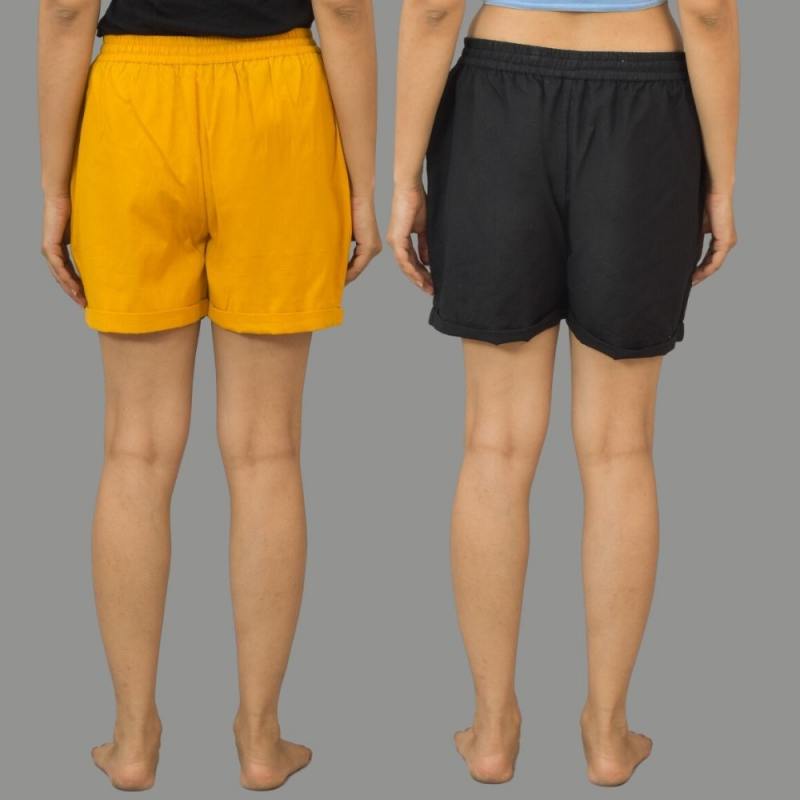 Combo of 2 Black and Mustard Yellow Cotton Women Shorts-10594