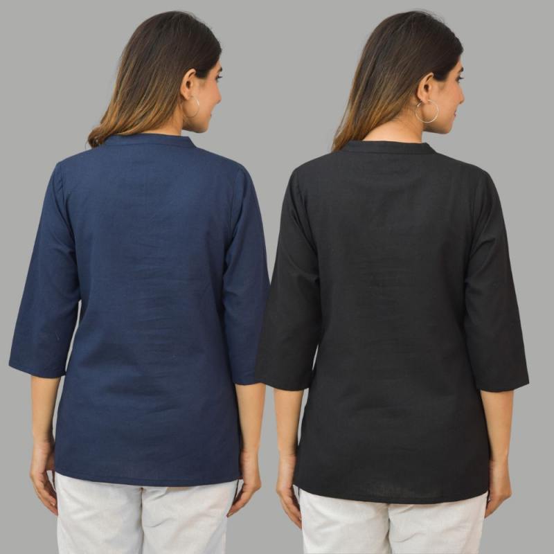 Combo of 2 Black and Navy Blue Cotton Flax Women Top-10418