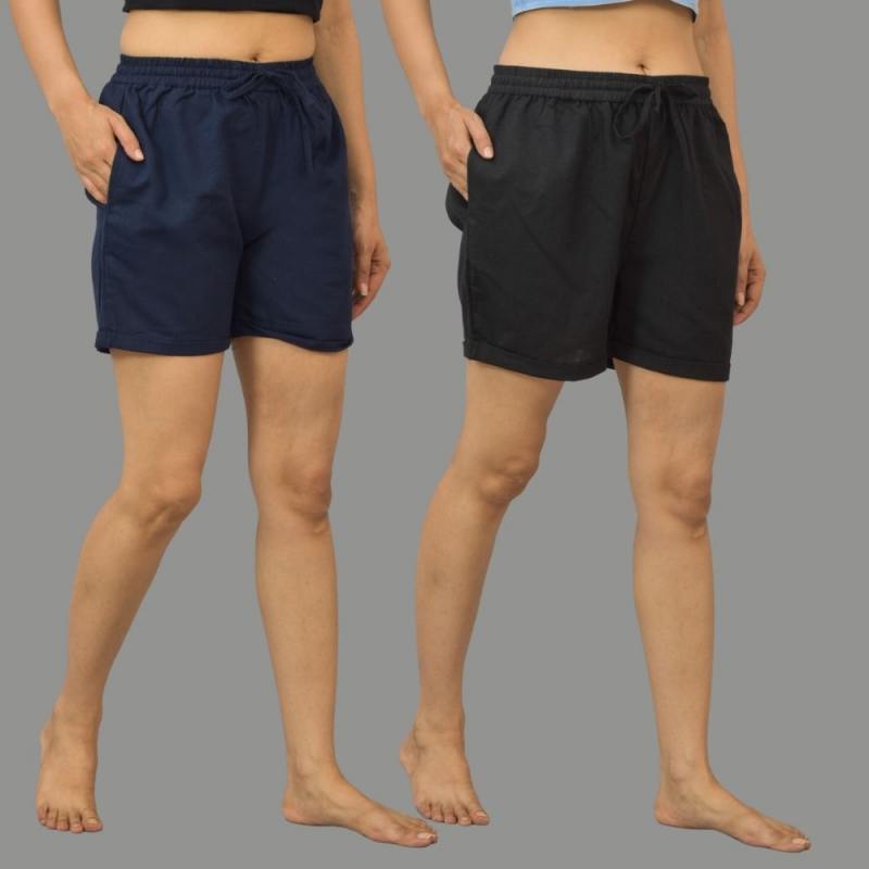 Combo of 2 Black and Navy Blue Cotton Women Shorts-10572