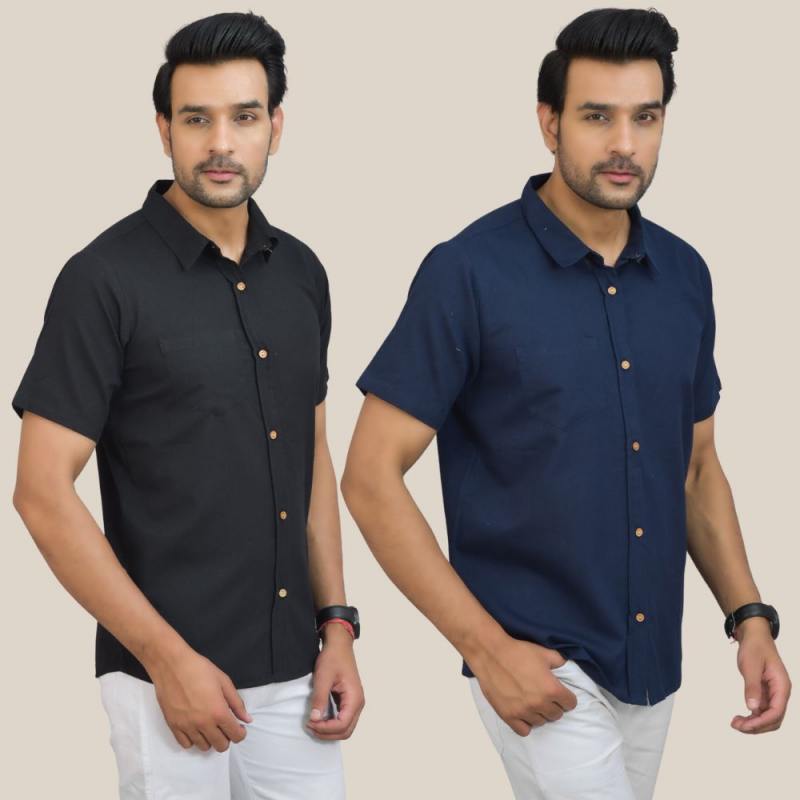 Black and Navy Blue Solid Cotton Men Shirt