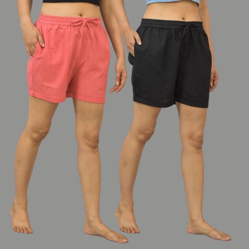 Combo of 2 Black and Peach Cotton Women Shorts-10585