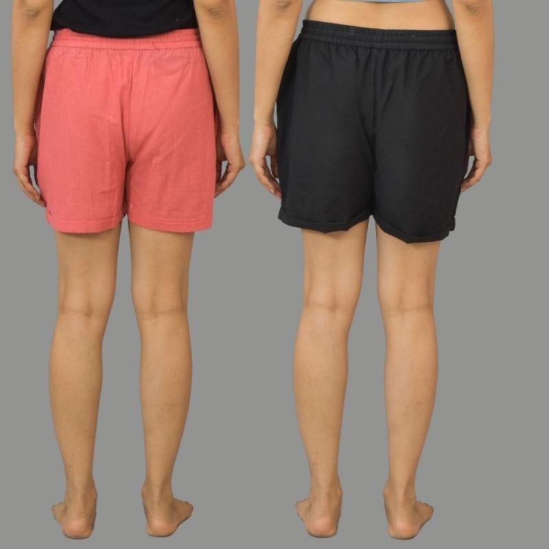 Combo of 2 Black and Peach Cotton Women Shorts-10585