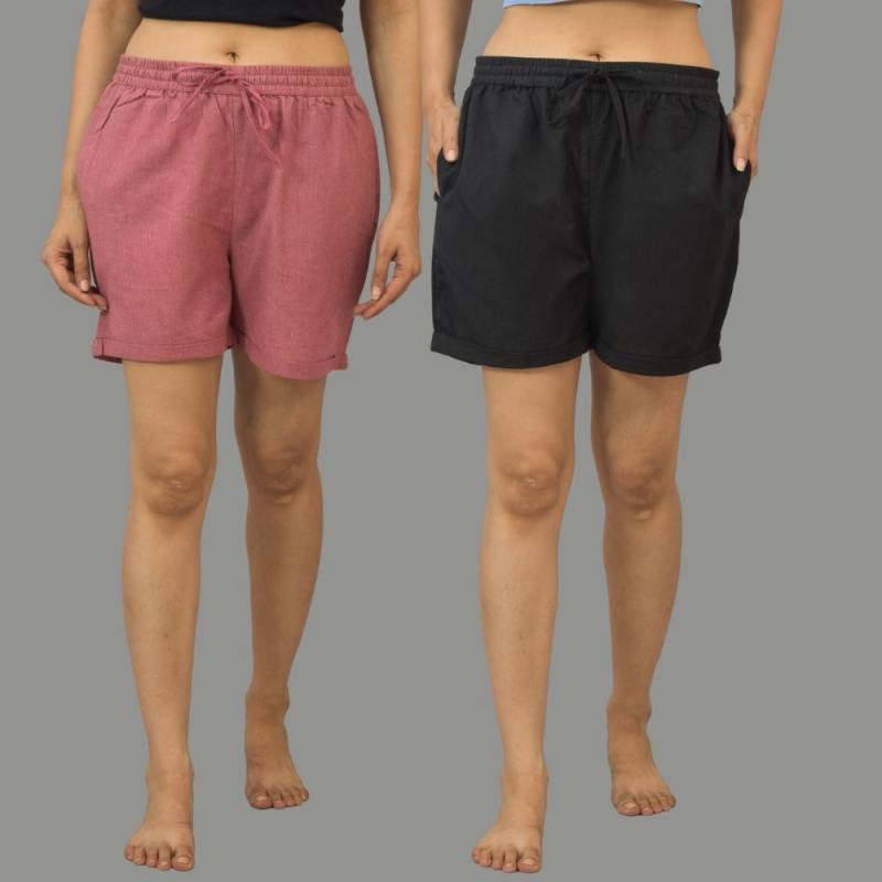 Combo of 2 Black and Pink Cotton Women Shorts-10564