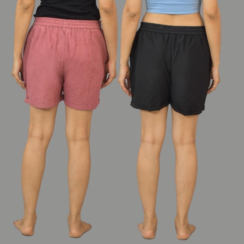 Combo of 2 Black and Pink Cotton Women Shorts-10564