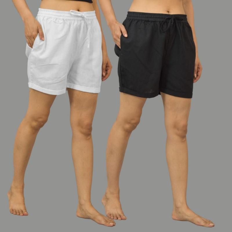 Combo of 2 Black and White Cotton Women Shorts-10597