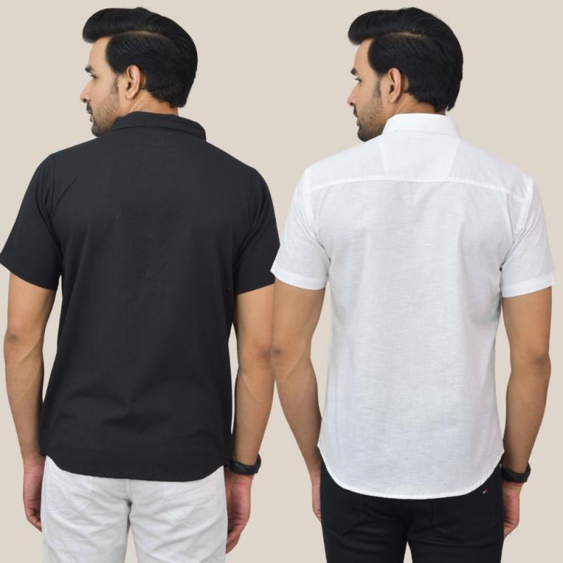 Black and White Solid Cotton Men Shirt