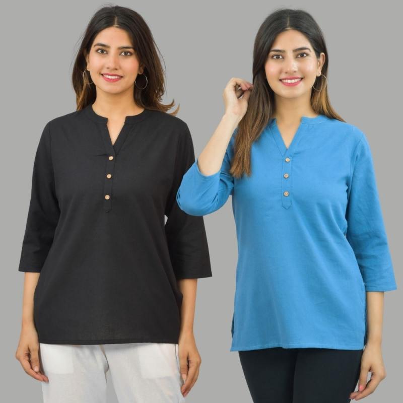 Combo of 2 Blue and Black Cotton Flax Women Top-10652