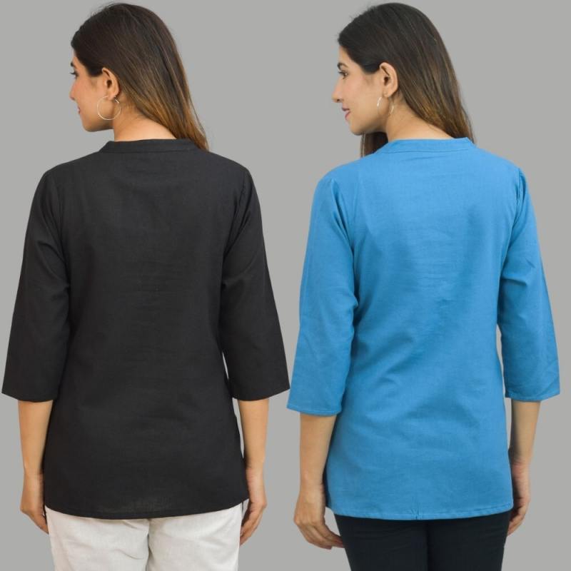 Combo of 2 Blue and Black Cotton Flax Women Top-10652