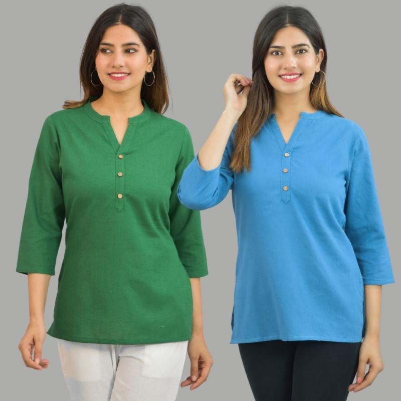 Combo of 2 Blue and Bottle Green Cotton Flax Women Top-10640