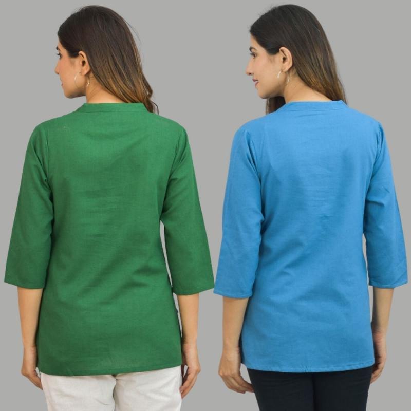 Combo of 2 Blue and Bottle Green Cotton Flax Women Top-10640