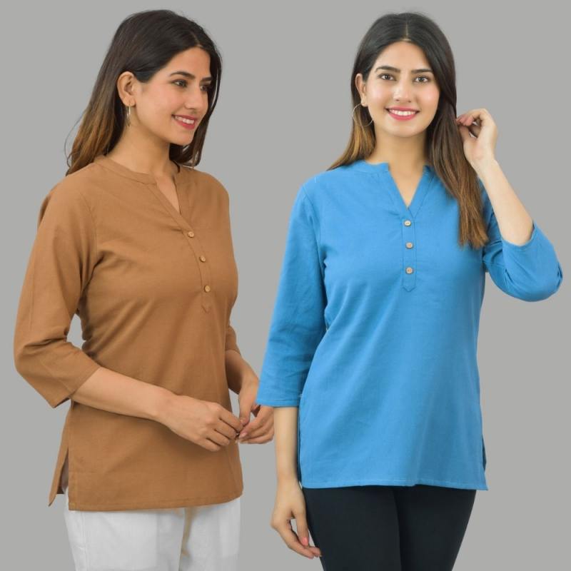 Combo of 2 Blue and Brown Cotton Flax Women Top-10658